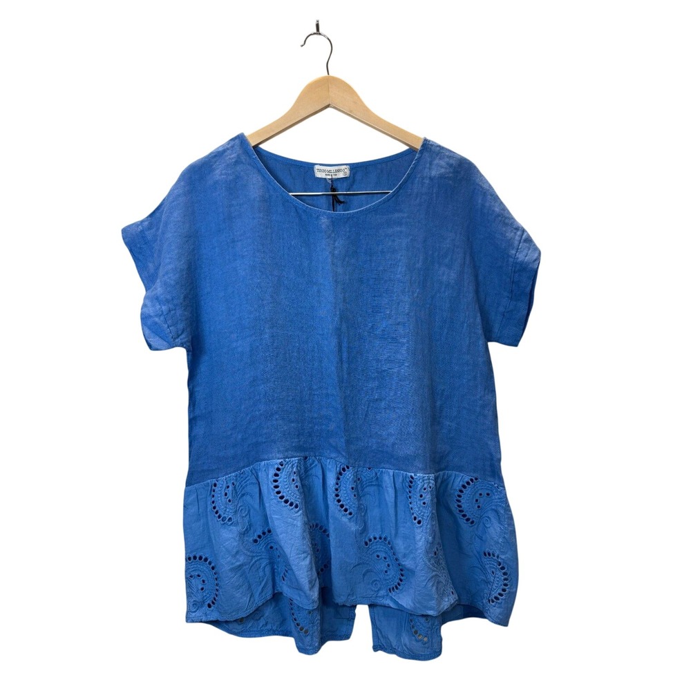Terzo Millennio Top Women Small Blue Linen Eyelet Ruffle Hem Made in Italy 7269